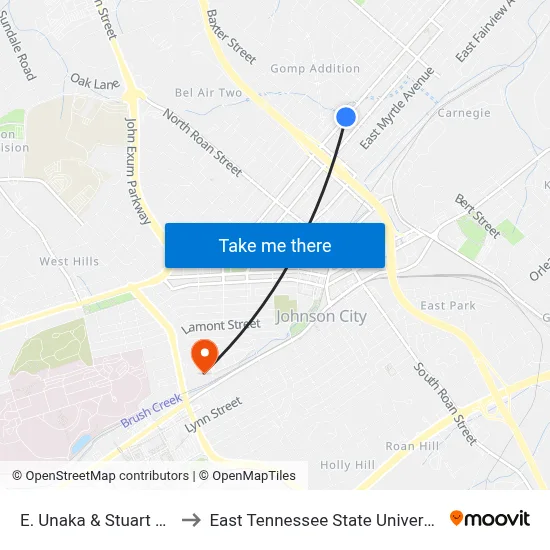 E. Unaka & Stuart Wb to East Tennessee State University map