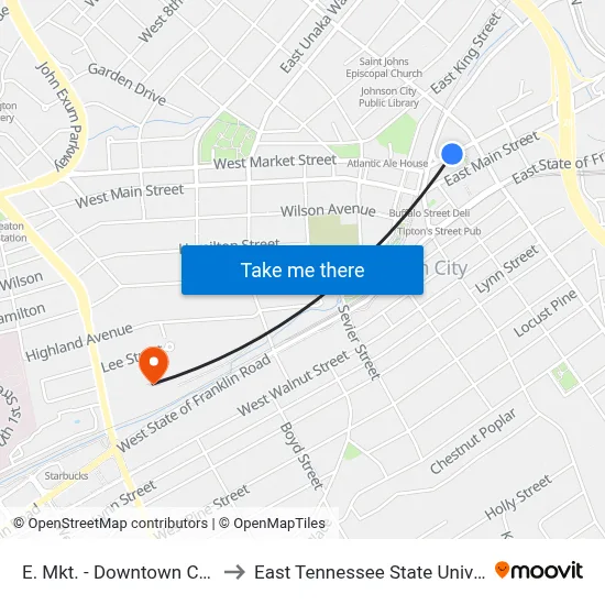 E. Mkt. - Downtown Ctr Wb to East Tennessee State University map