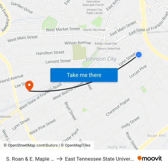 S. Roan & E. Maple Sb to East Tennessee State University map