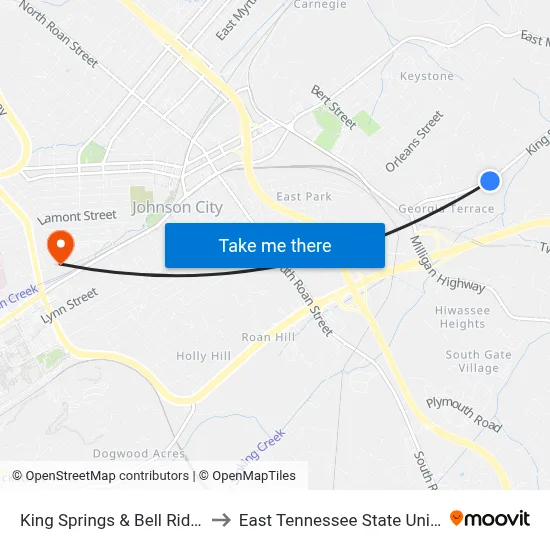 King Springs & Bell Ridge Wb to East Tennessee State University map