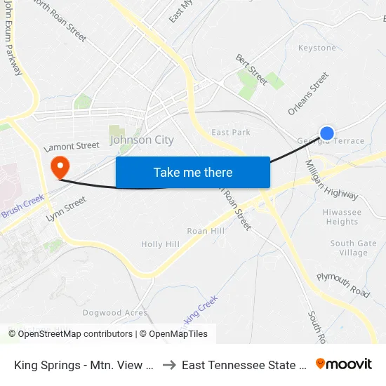 King Springs - Mtn. View School Wb to East Tennessee State University map