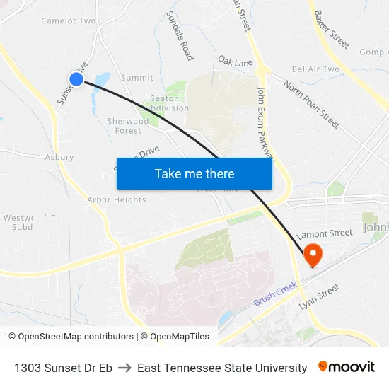 1303 Sunset Dr Eb to East Tennessee State University map