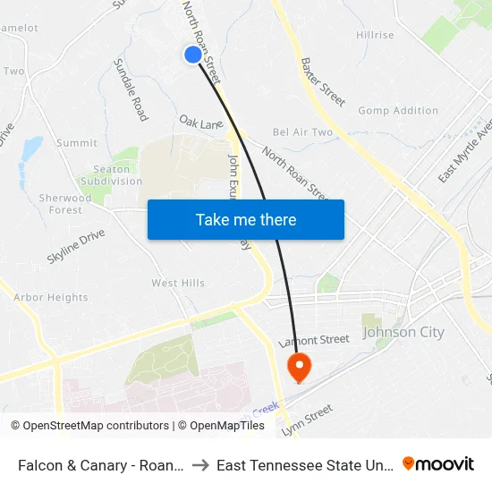 Falcon & Canary - Roan Ctr Sb to East Tennessee State University map