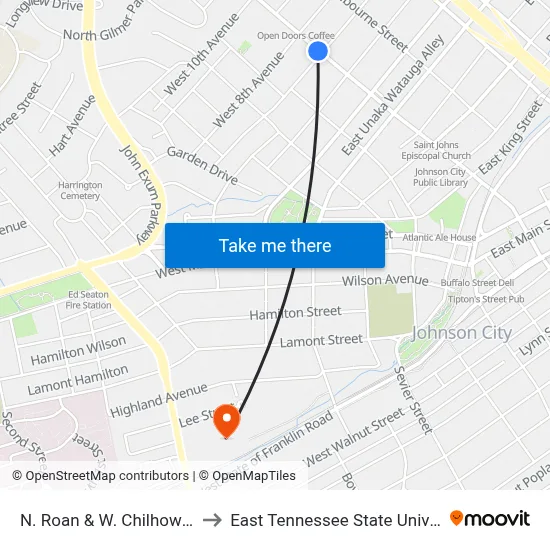 N. Roan & W. Chilhowie Sb to East Tennessee State University map