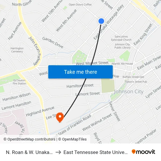 N. Roan & W. Unaka Sb to East Tennessee State University map