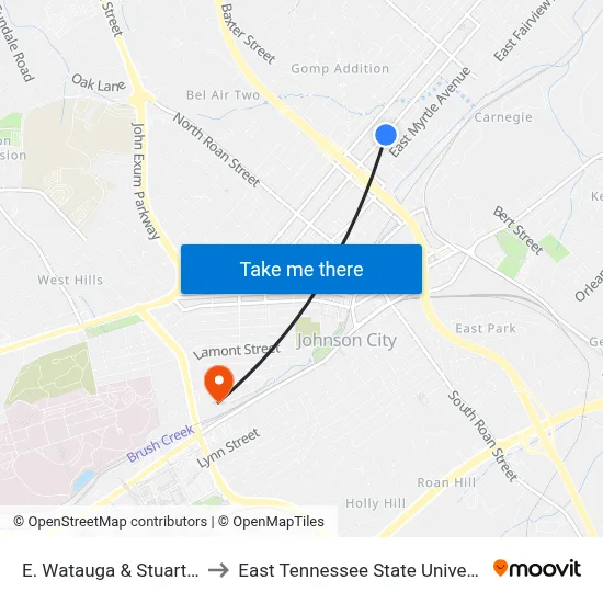 E. Watauga & Stuart Eb to East Tennessee State University map