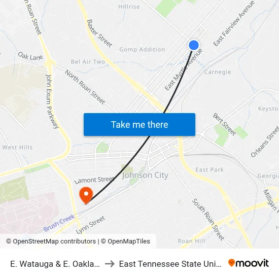 E. Watauga & E. Oakland Eb to East Tennessee State University map