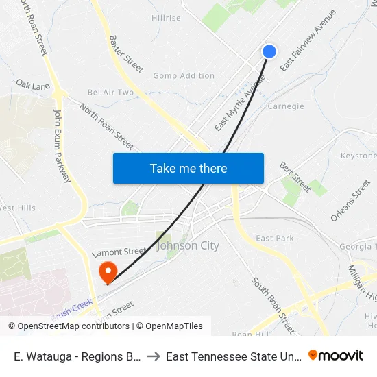 E. Watauga - Regions Bank Eb to East Tennessee State University map