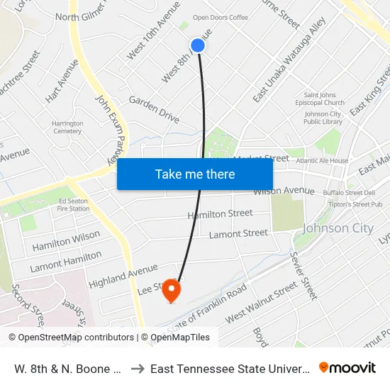 W. 8th & N. Boone Wb to East Tennessee State University map