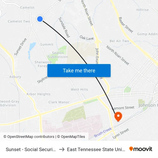 Sunset - Social Security Wb to East Tennessee State University map