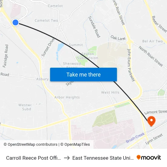 Carroll Reece Post Office Wb to East Tennessee State University map
