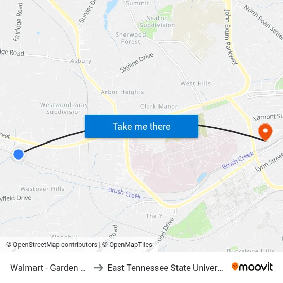 Walmart - Garden Ctr to East Tennessee State University map