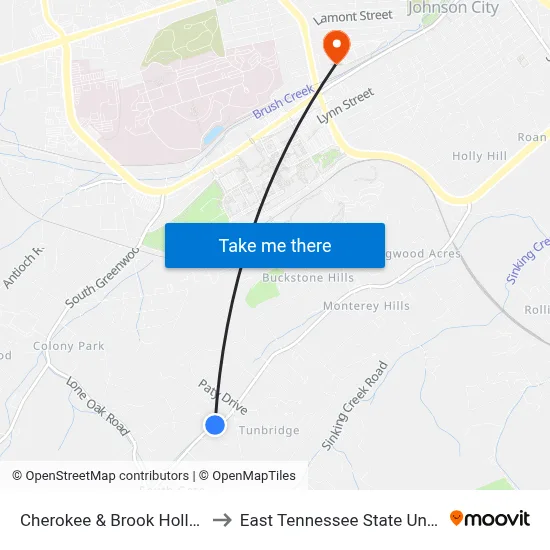 Cherokee & Brook Hollow Wb to East Tennessee State University map