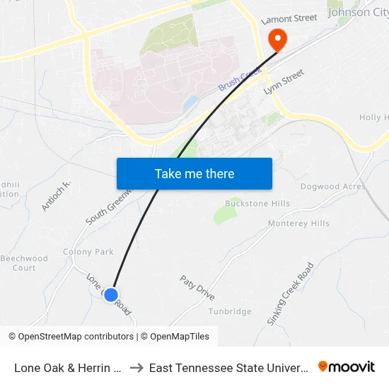 Lone Oak & Herrin Nb to East Tennessee State University map