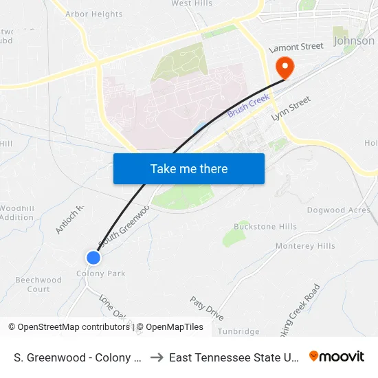S. Greenwood - Colony Park Nb to East Tennessee State University map