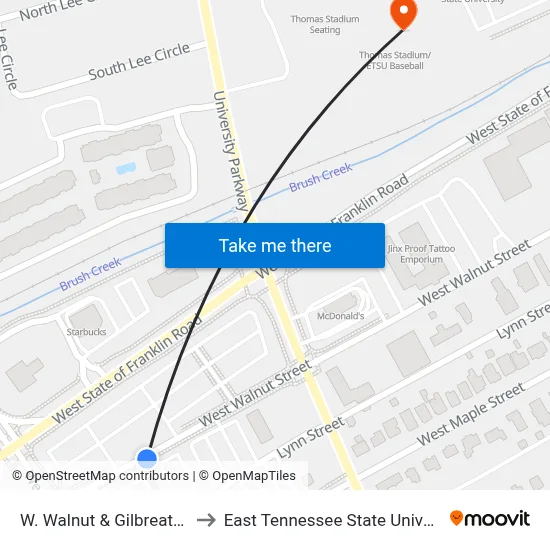 W. Walnut & Gilbreath Eb to East Tennessee State University map