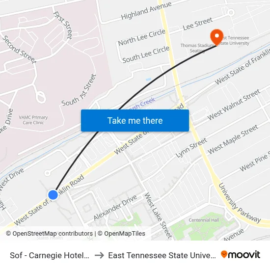 Sof - Carnegie Hotel Wb to East Tennessee State University map