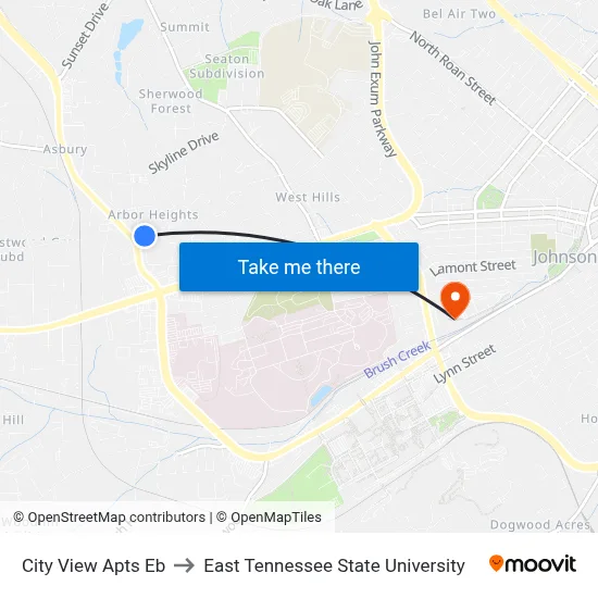 City View Apts Eb to East Tennessee State University map