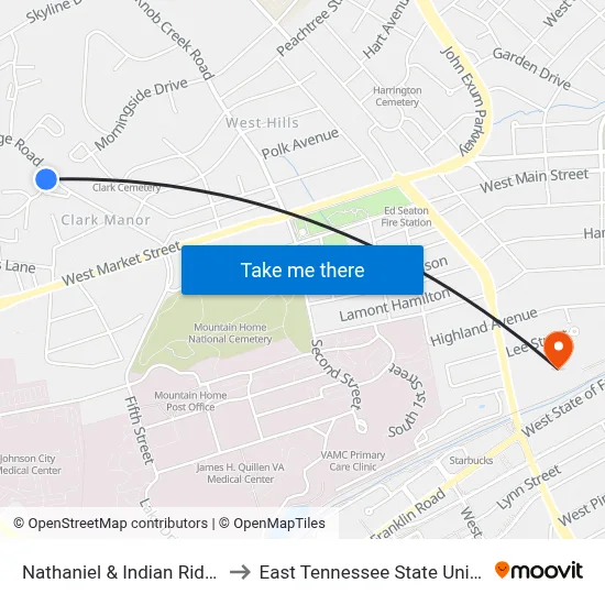 Nathaniel & Indian Ridge Nb to East Tennessee State University map