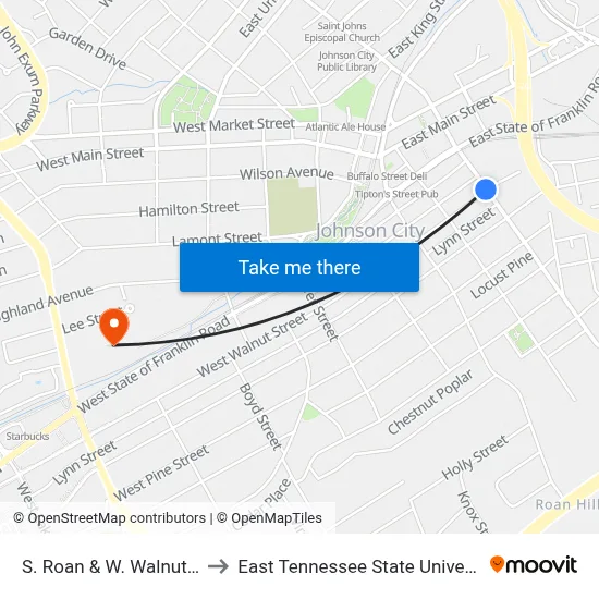 S. Roan & W. Walnut Sb to East Tennessee State University map