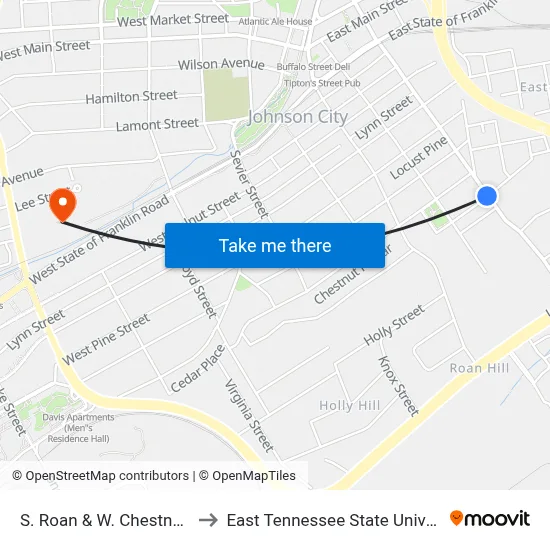 S. Roan & W. Chestnut Sb to East Tennessee State University map