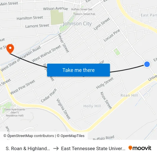 S. Roan & Highland Sb to East Tennessee State University map