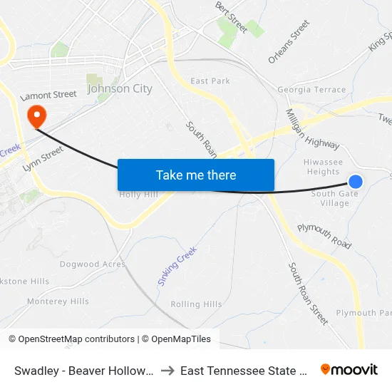 Swadley - Beaver Hollow Apts Wb to East Tennessee State University map