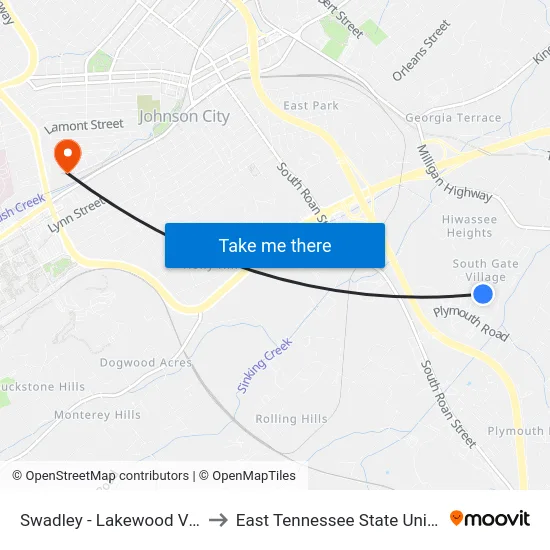 Swadley - Lakewood Vlg Wb to East Tennessee State University map