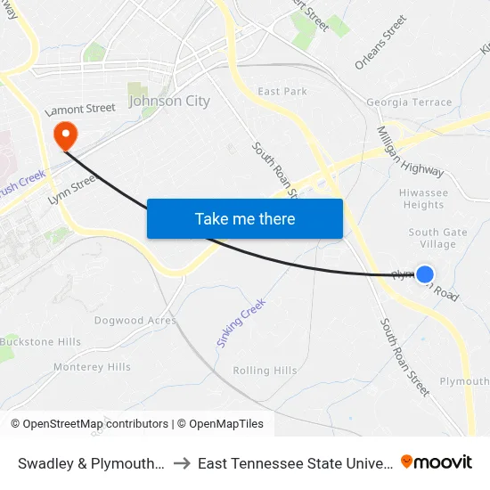 Swadley & Plymouth Wb to East Tennessee State University map