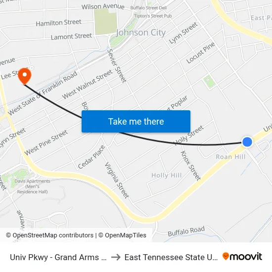 Univ Pkwy - Grand Arms Apts Wb to East Tennessee State University map