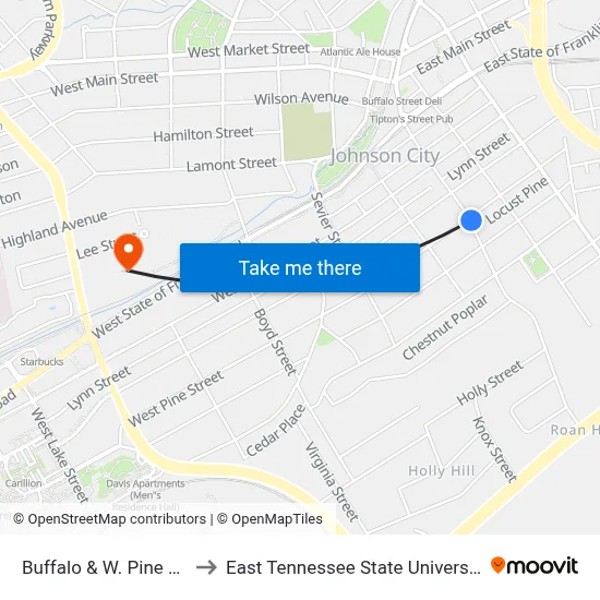Buffalo & W. Pine Nb to East Tennessee State University map