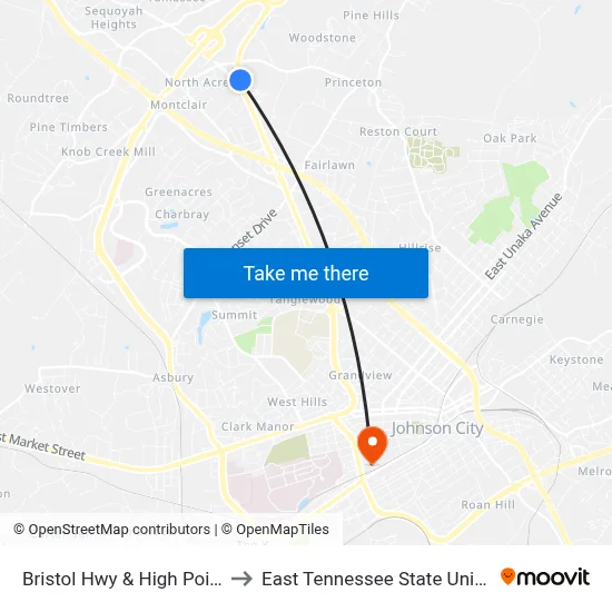 Bristol Hwy & High Point Nb to East Tennessee State University map
