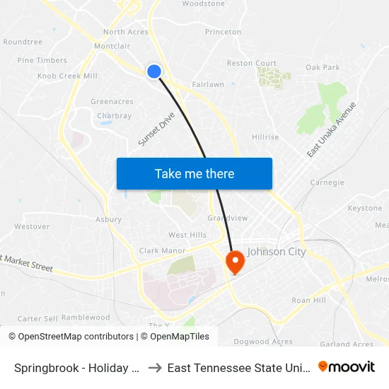 Springbrook - Holiday Inn Eb to East Tennessee State University map