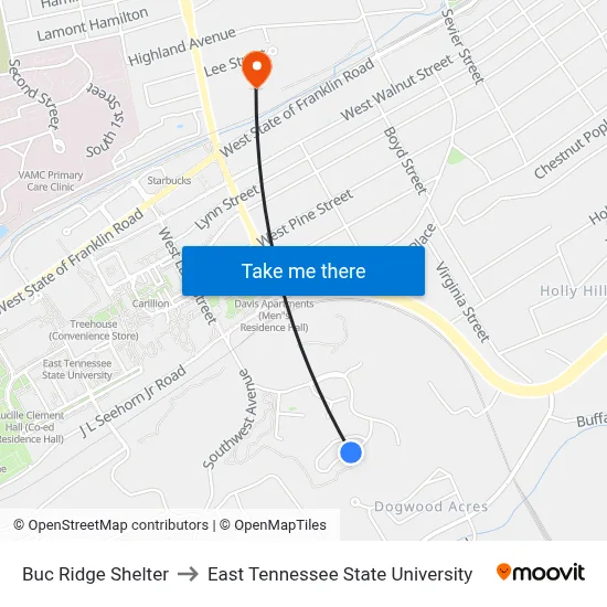 Buc Ridge Shelter to East Tennessee State University map