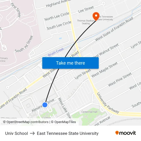 Univ School to East Tennessee State University map