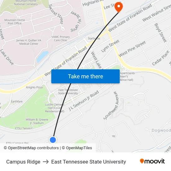 Campus Ridge to East Tennessee State University map