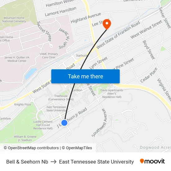 Bell & Seehorn Nb to East Tennessee State University map