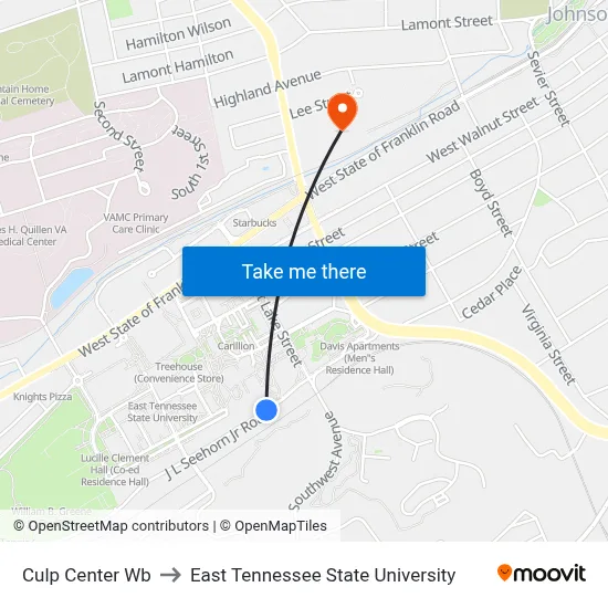 Culp Center Wb to East Tennessee State University map