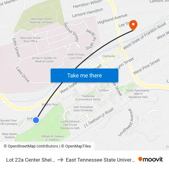 Lot 22a Center Shelter to East Tennessee State University map