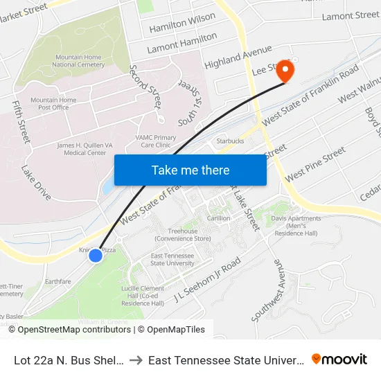 Lot 22a N. Bus Shelter to East Tennessee State University map