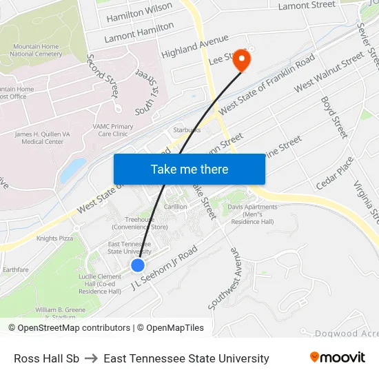 Ross Hall Sb to East Tennessee State University map
