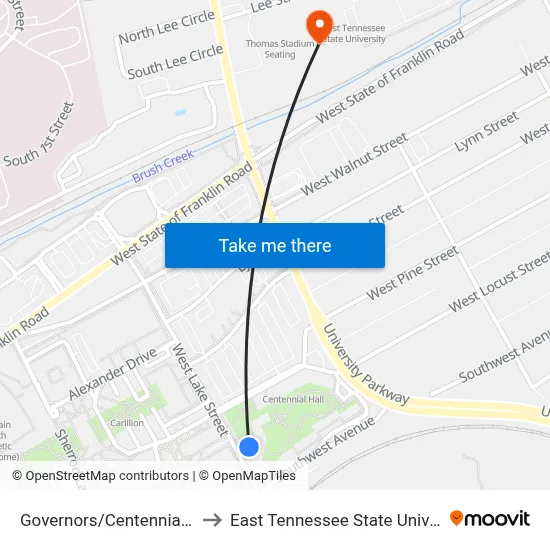 Governors/Centennial Hall to East Tennessee State University map