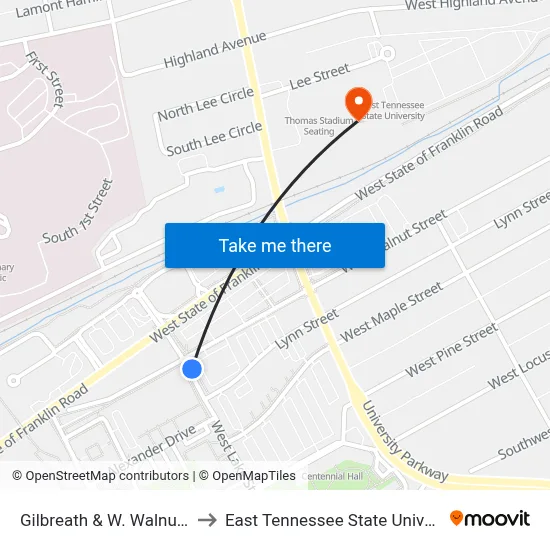 Gilbreath & W. Walnut Nb to East Tennessee State University map