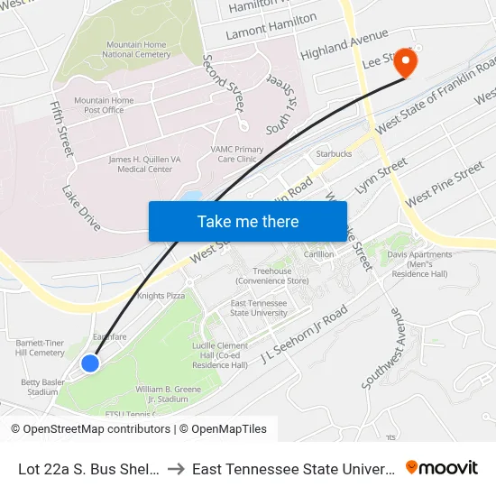 Lot 22a S. Bus Shelter to East Tennessee State University map