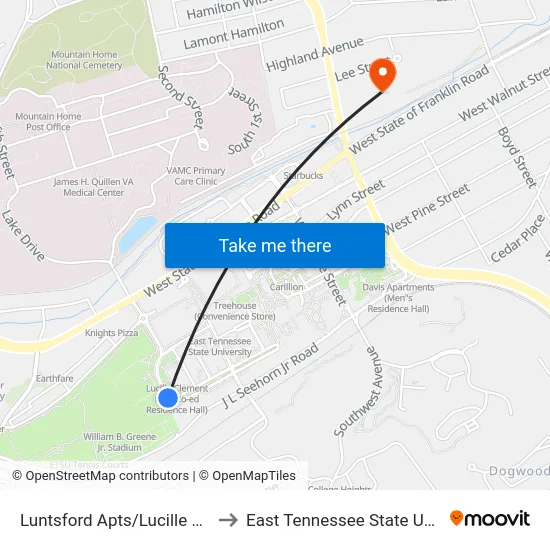Luntsford Apts/Lucille Clement to East Tennessee State University map