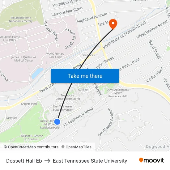 Dossett Hall Eb to East Tennessee State University map