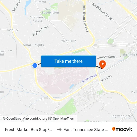 Fresh Market Bus Stop/Walgreens to East Tennessee State University map