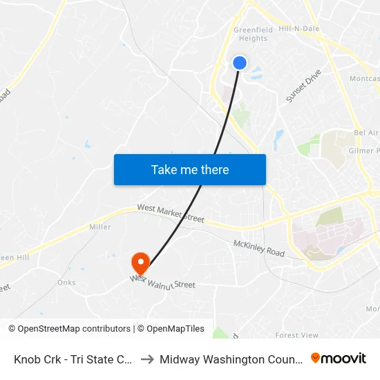 Knob Crk - Tri State Cardio Wb to Midway Washington County TN USA map