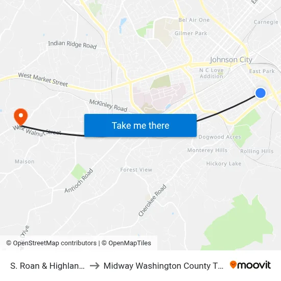 S. Roan & Highland Sb to Midway Washington County TN USA map