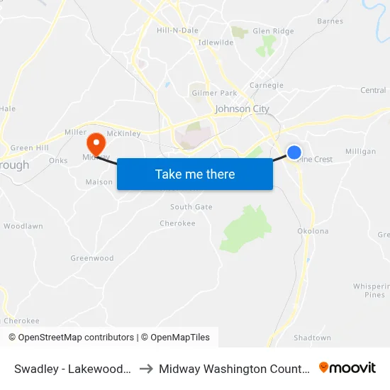 Swadley - Lakewood Vlg Wb to Midway Washington County TN USA map
